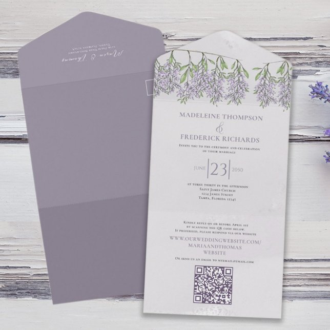 Simples Elegante Clássico Boho Floral Lilás Lavand (Elegant lilac and lavender solid colored all in one wedding invitation. )