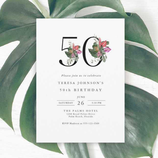 Simples Elegante Tropical 50º Convite de Aniversár (Available in both printed and instant download digital formats.)