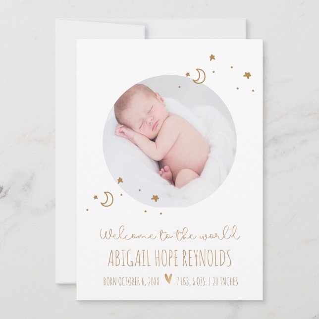 Simples Lua e Estrelas Foto de Nascimento de Bebê (Frente)