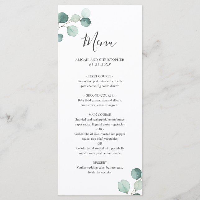 Simples Menu de Casamento com Elegante Verde Eucal (Frente)