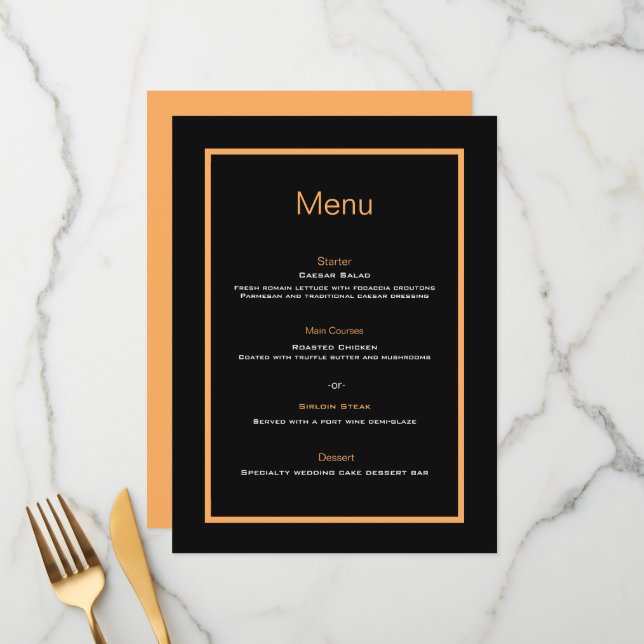 Simples menu plano de casamento preto e laranja mo (Frente/Verso In Situ)
