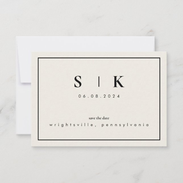Simples Monograma Bege Save the Date IV Elegante (Frente)