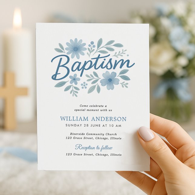 Simples orçamento para batismo Floral Convite para (Elegant budget  blue floral baptism invitation held near candlelight – perfect for boy christening)