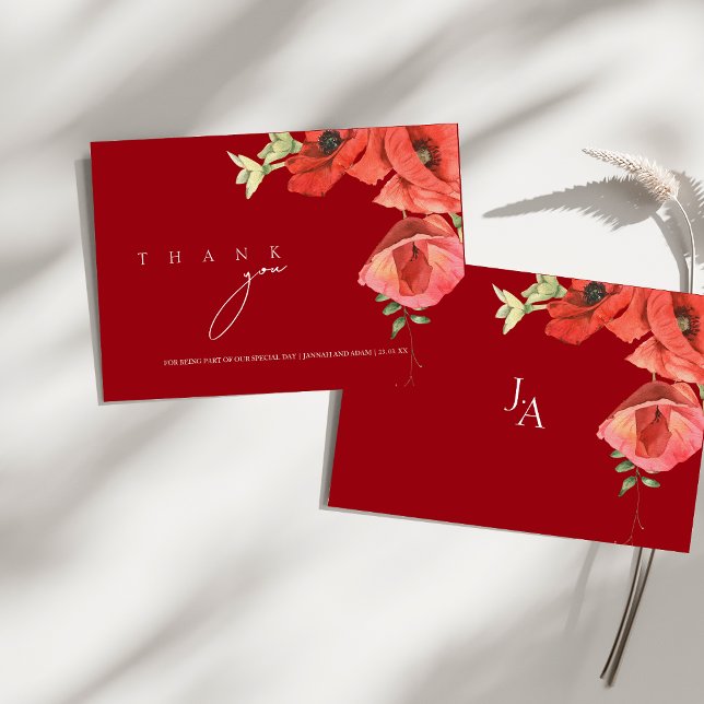 Simples Papoulas Vermelhas Florais Agradecimento d (Simple Crimson Red Poppies Floral Wedding Thank You Card)