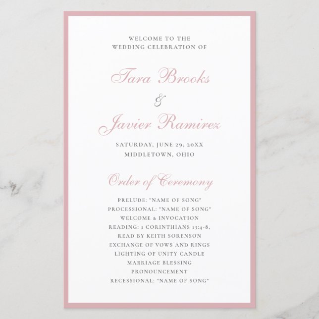 Simples Programa de Casamento Elegante Formal Rosa (Frente)