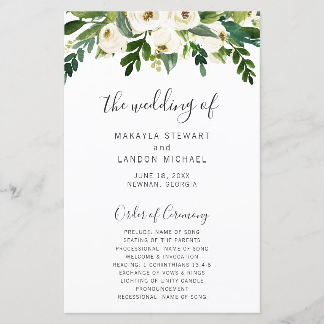 Simples Programa de Casamento Floral Branco Elegan (Frente)