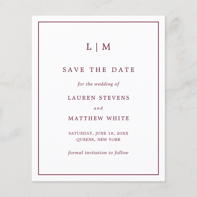Simples Save the Date Burgundy para Casamento Econ (Frente)