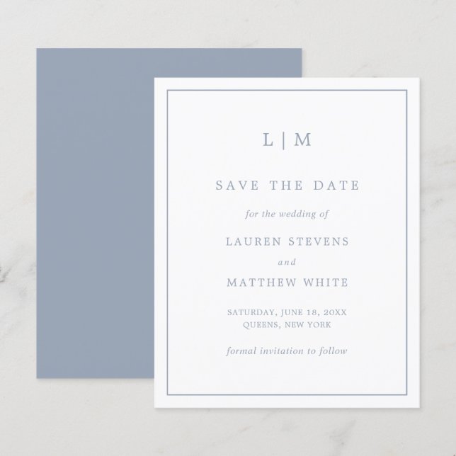 Simples Save the Date de Casamento Azul Empoeirado (Frente/Verso)