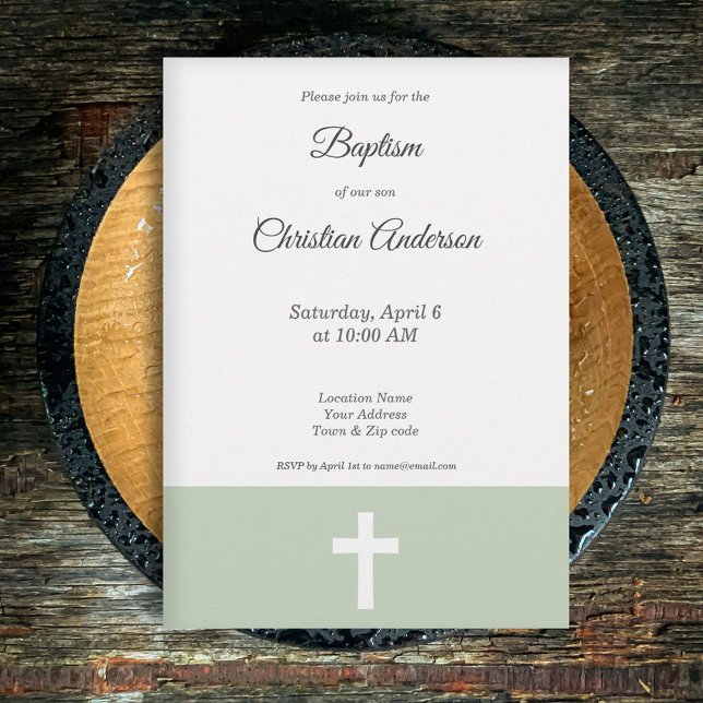Simples, Verde com Convite Cruzado Batismo (Green with a Cross Baptism Invitation)