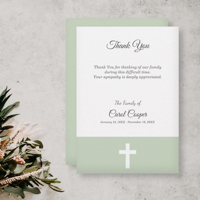 Simples, Verde com um Cartões de agradecimentos cr (Simple, Green with a Cross Funeral Thank You Card)