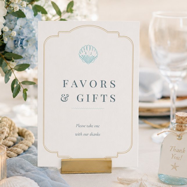 Sinais de Favor de Mesa de Casamento de Conchas Ná (Nautical Seashell Wedding Tabletop Favor Signs)