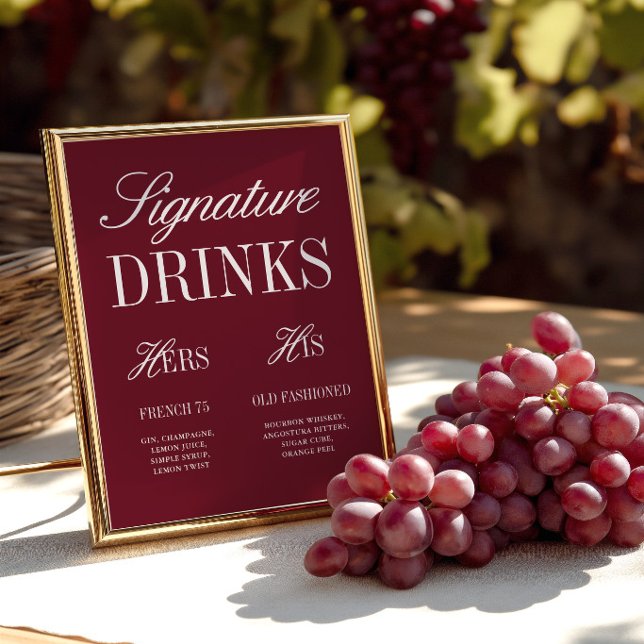 Sinal de Bar de Casamento Drinks Elegantes Borgonh (Burgundy Elegant Signature Drinks Wedding Bar Sign)