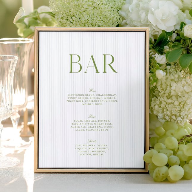 Sinal de Bar de Casamento Elegante Salvia e Listra (Elegant Sage & Soft Blue Stripes Wedding Bar Sign)