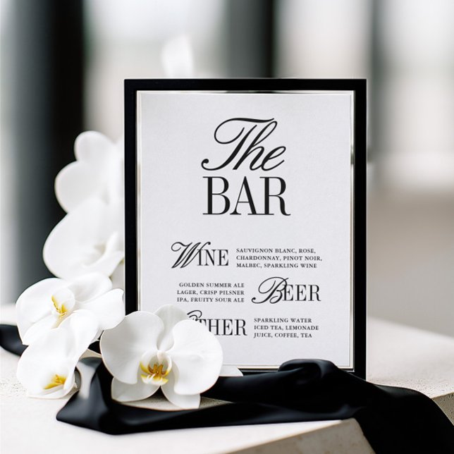 Sinal de Bar de Casamento Preto e Branco Elegante (Elegant Black & White Wedding Bar Sign)