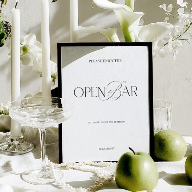 Sinal de Barra Aberta de Casamento Moderno Preto e (Elegant Black & White Modern Wedding Open Bar Sign)