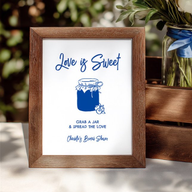 Sinal de Barra de Geleia para Chá de Noiva Love Is (Love Is Sweet Blue Bridal Shower Jam Bar Sign)