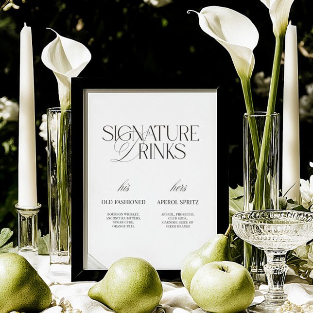 Sinal de Bebidas de Casamento Preto e Branco Moder (Black & White Modern Wedding Signature Drinks Sign)