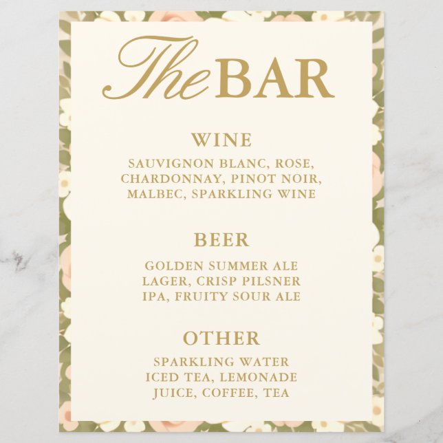 Sinal de Bebidas de Menu de Bar Floral de Marfim A (Frente)