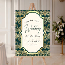 Sinal de Boas-Vindas de Casamento Indiano Teal Gol