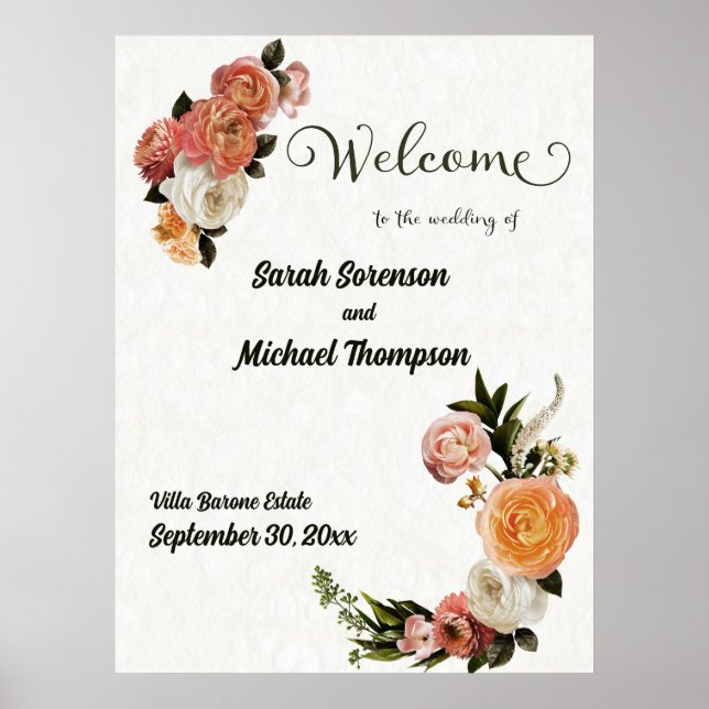 Sinal de boas-vindas do casamento Poster Floral Pe (Frente)