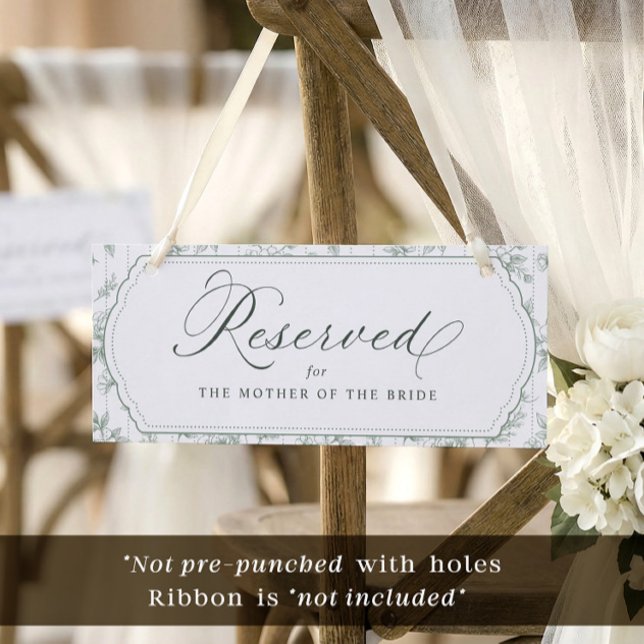 Sinal de Cadeira Reservada para Casamento Toile Sa (Sage green vintage French floral reserved wedding sign with scalloped frame and ribbon)