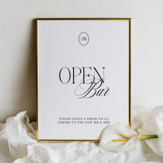 Sinal de Casamento de Barra Aberta Preto Clássico  (Classic Black & Soft White Open Bar Wedding Sign)