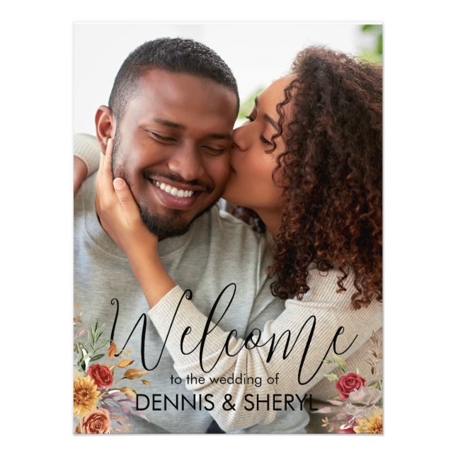 Sinal de Casamento Floral de Foto Moderno de Queda (Frente)