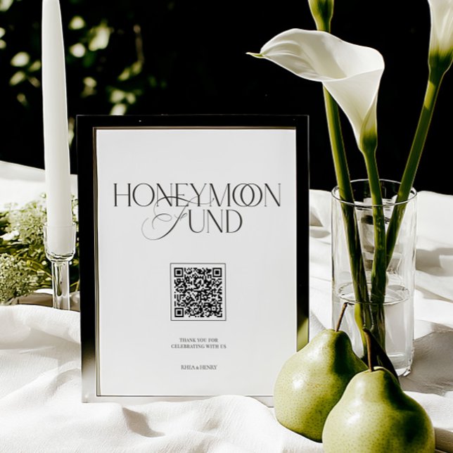 Sinal de Casamento Preto e Branco Elegante para Fu (Honeymoon Fund Elegant Black & White Wedding Sign)