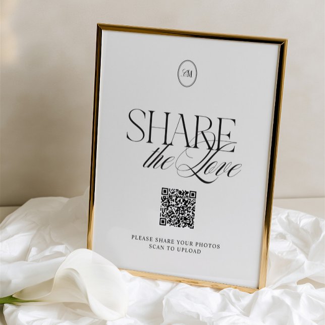 Sinal de Código QR 'Compartilhe o Amor' Preto e Br (Elegant Black & White Share the Love QR Code Sign)