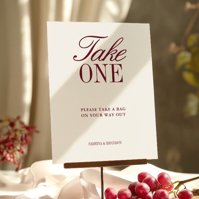 Sinal de Favor de Casamento Ivory & Burgundy Take  (Ivory & Burgundy Take One Wedding Favor Sign)