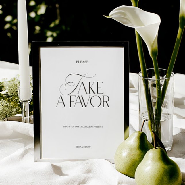 Sinal de Favor de Casamento Moderno Preto e Branco (Elegant Black & White Modern Wedding Favor Sign)
