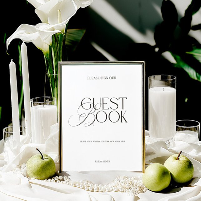 Sinal de Livro de Visitantes Preto e Branco Modern (Modern Elegant Black & White Guest Book Sign)