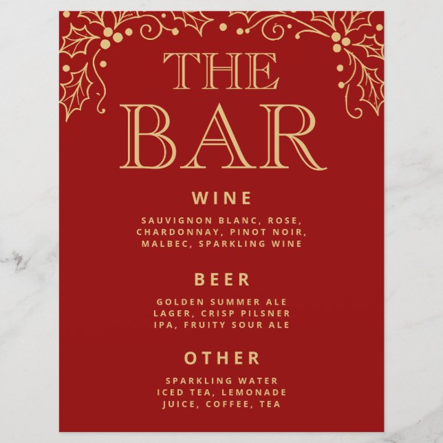 Sinal de Menu de Bar de Casamento Vermelho Luxo e  (Frente)