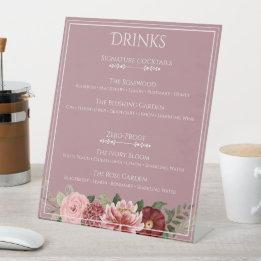 Sinal de Menu de Bebidas de Casamento Floral Rosa
