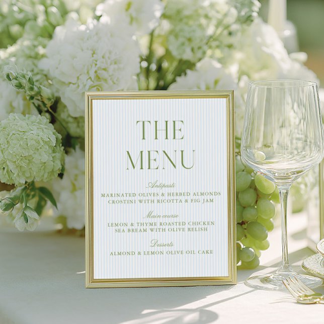 Sinal de Menu de Casamento Azul e Verde Sage Elega (Elegant Sage Green & Blue Wedding Menu Sign)