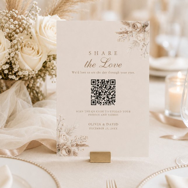 Sinal de Mesa de Compartilhamento de Fotos de Casa (Ivory Roses QR Wedding Photo Sharing Table Sign)
