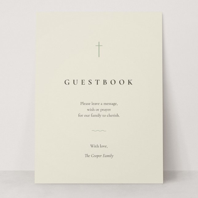 Sinal de Mesa de Livro de Visitas com Cruz Minimal (Grace | Sage - Sign Our Guestbook Card Sign, 6.5 x 8.75")