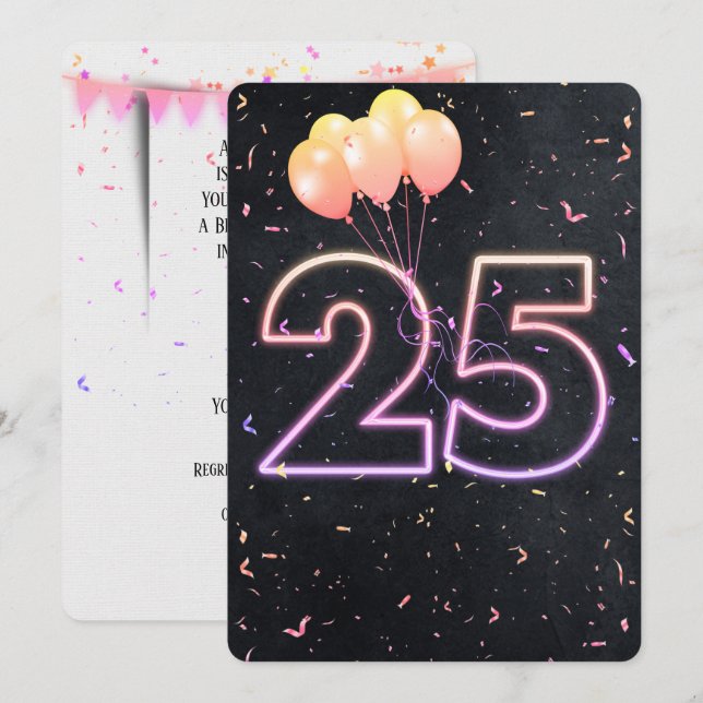 Sinal de Neon de Aniversário de 25 Anos em Convite (Frente/Verso)