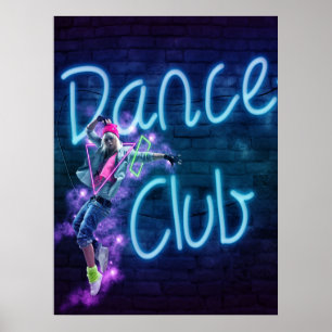 Sinal de néon do clube de dança com o poster de