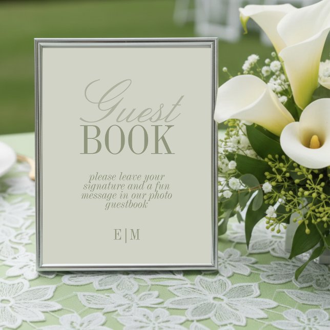 Sinal de Papel de Livro de Visitas de Casamento em (Modern Sage Green Wedding Guest Book Paper Sign)
