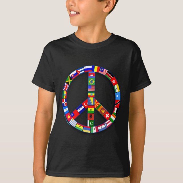 Sinal de paz feito de t-shirt das bandeiras, (Frente)