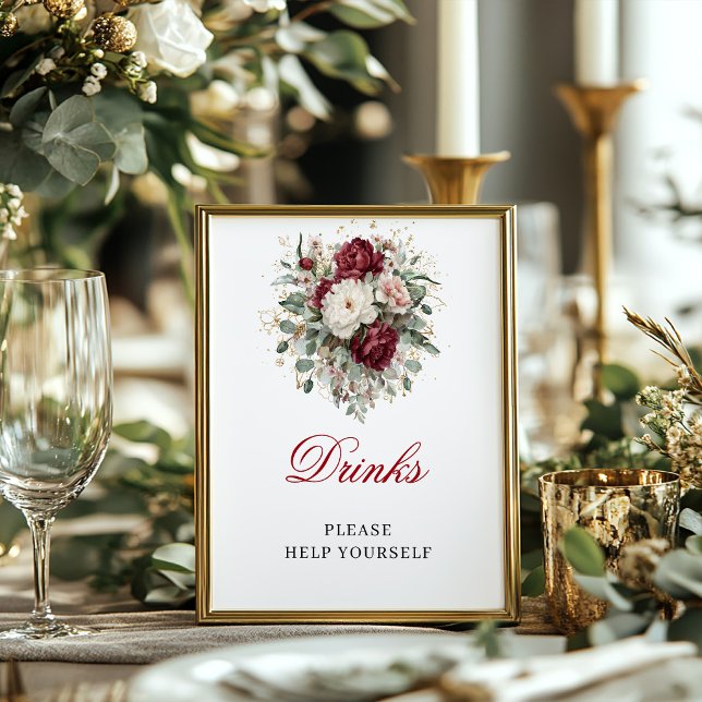 Sinal de Poster de Mesa de Drinks Glam Blush Burgu (Glam Blush Burgundy Drinks Tabletop Poster Sign)