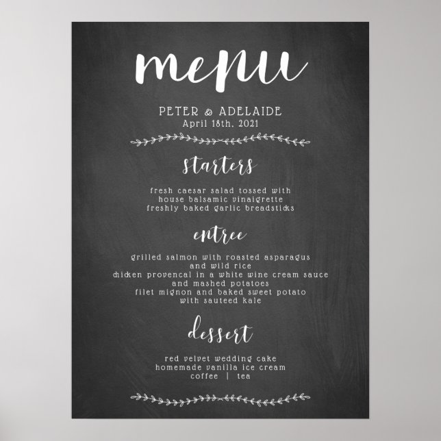 Sinal/ Poster do Menu de Casamento Rustic Blackboa (Frente)