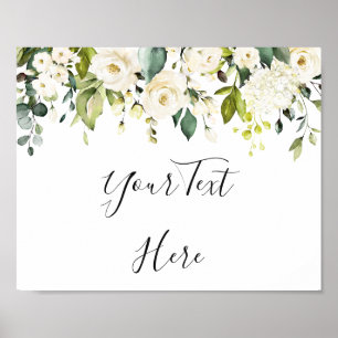 Sinal Poster Floral de Rosas Brancas de Eucalipto 