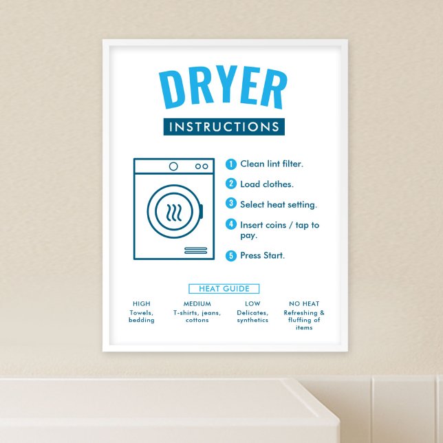 Sinal Poster Instruções Secadora de Roupas em Lava (Fully editable tumble dryer instructions sign for laundromats)