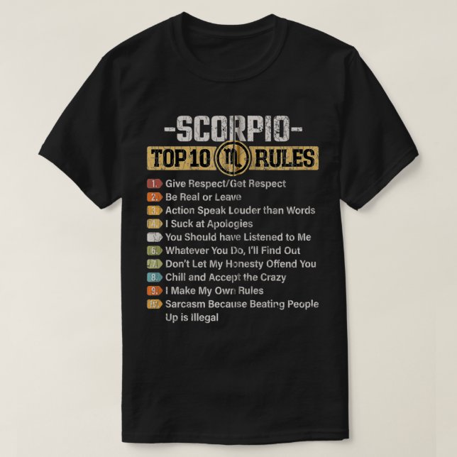 Sinal Zodiac Funny Top 10 Regras Do Gráfico Scorpi (Frente do Design)