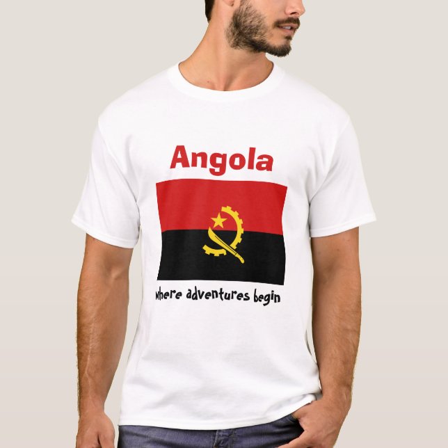 Sinalizador Angola + Mapa + T-Shirt de Texto (Frente)