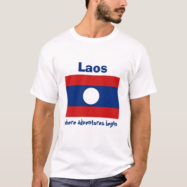 Sinalizador Laos + Mapa + T-Shirt de Texto (Frente)