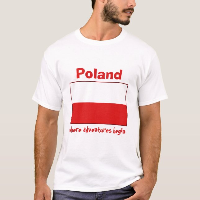 Sinalizador Polônia + Mapa + T-Shirt de Texto (Frente)