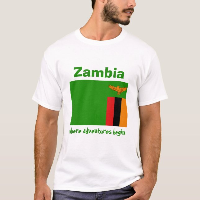 Sinalizador Zâmbia + Mapa + T-Shirt de Texto (Frente)